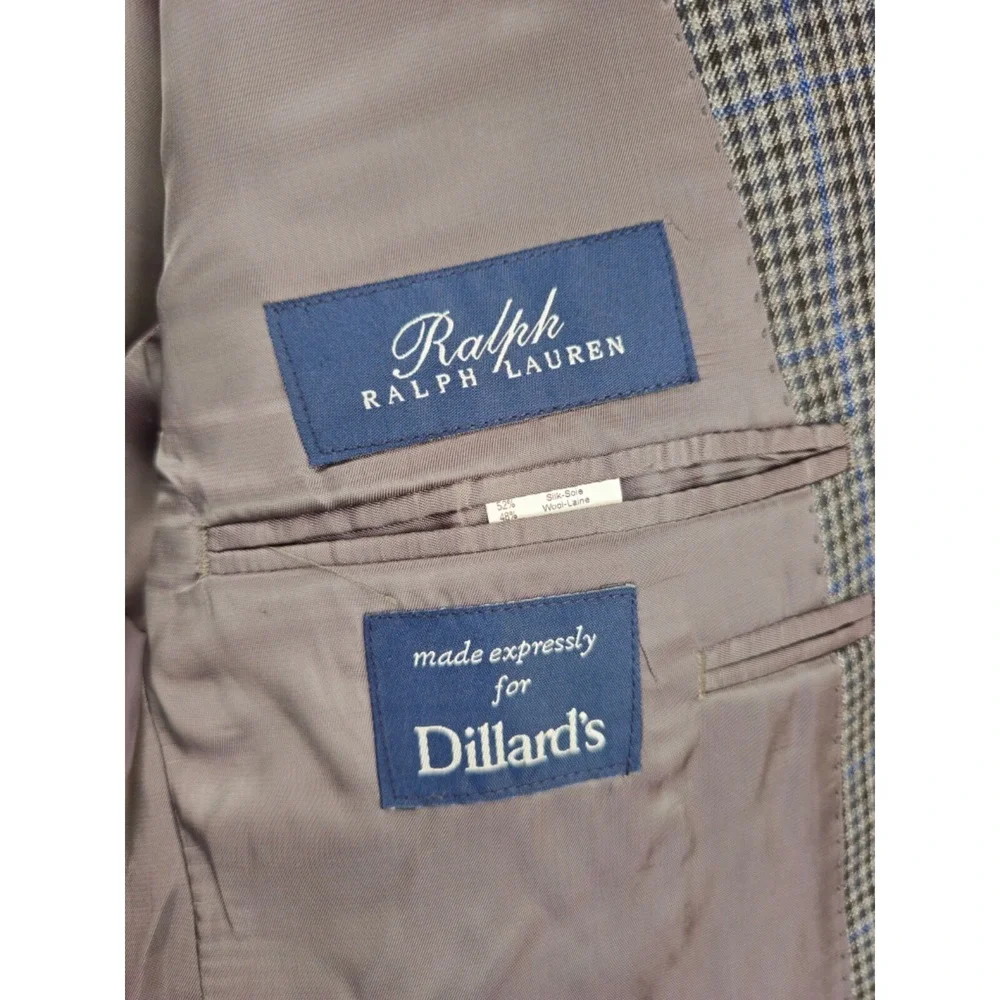 Ralph Lauren Blazer 42R Houndstooth Windowpane Plaid‎ Gray Blue Wool Silk Blend